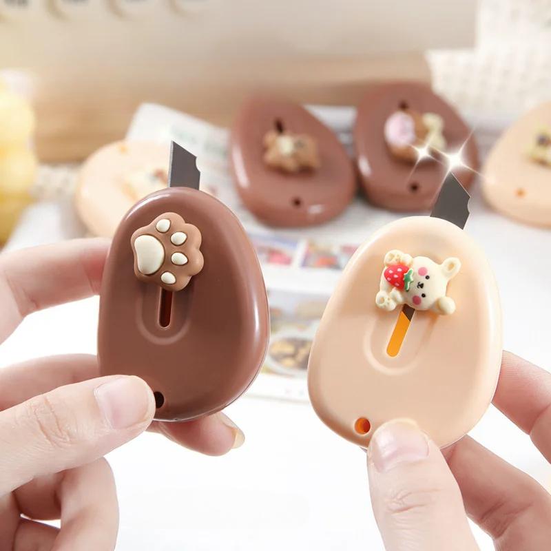 1 Piece Mini Cartoon Utility Knife Beige Coffee Color Bear Cat Paw Rabbit Box Cutter for Student Potable Scrapbook Paper Cutter