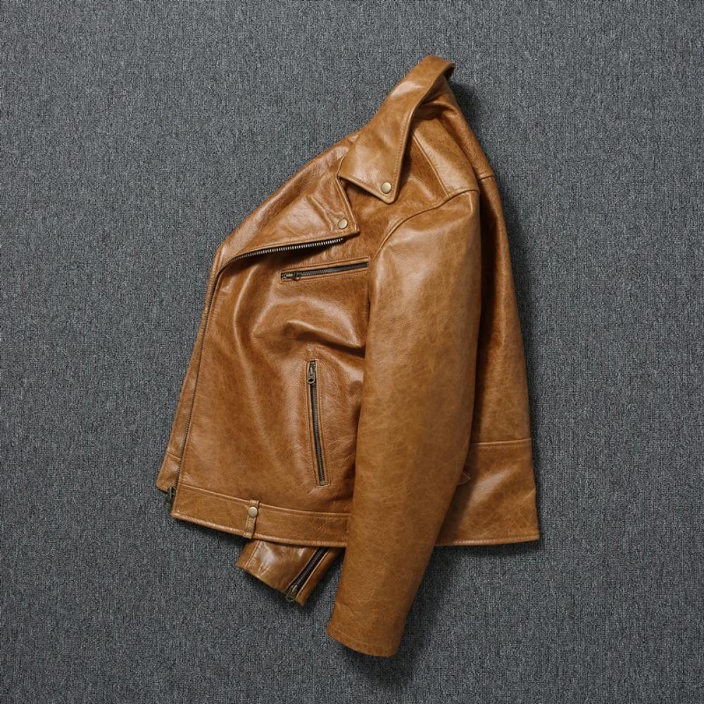 Chinese Size Men Leather Jackets Oil Waxed Yellow Brown Genuine Cow Leather Jacket for Men Cowhide Motorcycle Biker Jackets