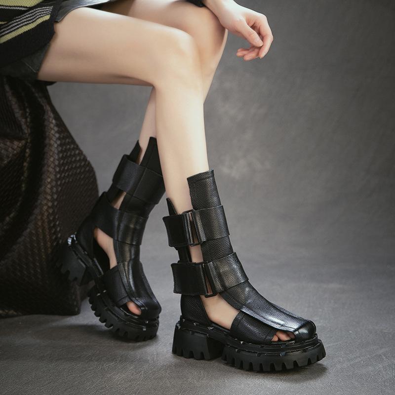 2026 Summer New Arrival Women's Genuine Leather Roman Sandals Chunky Platform Ankle Boots Hollow Out Retro Fashion Walking Shoes