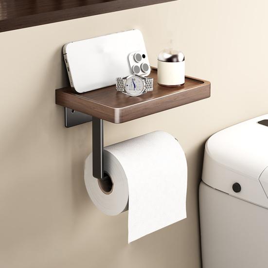 Wall Storage Rack Strong Load-Bearing Wall-Mounted Organizer with Rounded Paper Outlet Smooth Pull-Out Multifunctional Wood Metal Bathroom Shelf