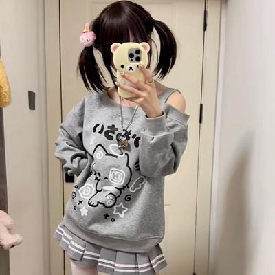 Dziewczęce koszulki Harajuku japońskie Kawaii Odzież damska Koszulki z długim rękawem z nadrukiem kota Odkryte ramię Top Y2k Urocza koszulka