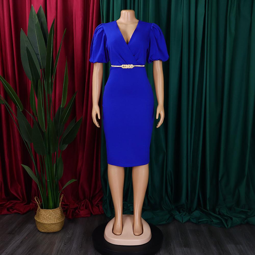 Velké velikosti Ženy Letní móda Šaty s nabíranými rukávy Výstřih do V Dámské Elegantní Jednodílné šaty s pevným rozparkem a páskem