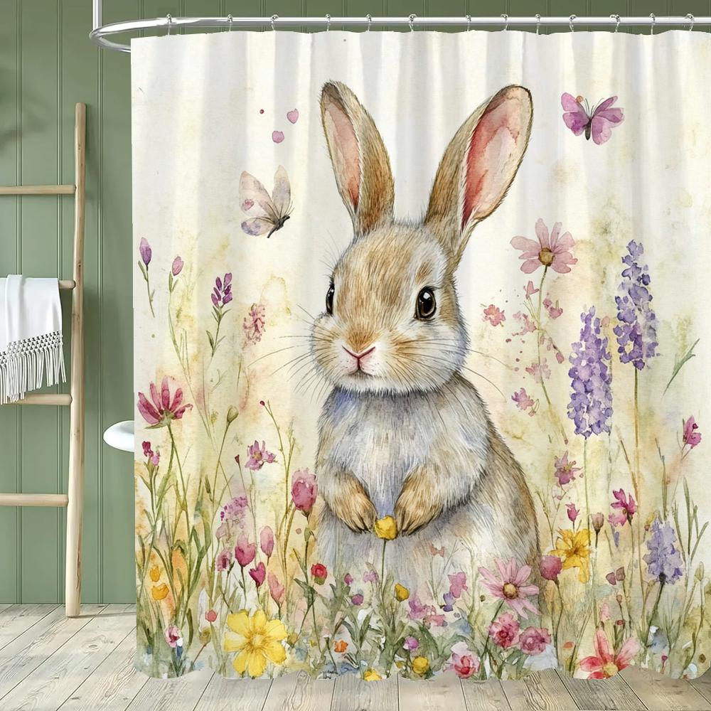 Paaseieren Douchegordijn, Schattig Konijn Bedrukt Badkamer Decoratief Douchegordijn, Stof Huis Gordijn met Haken
