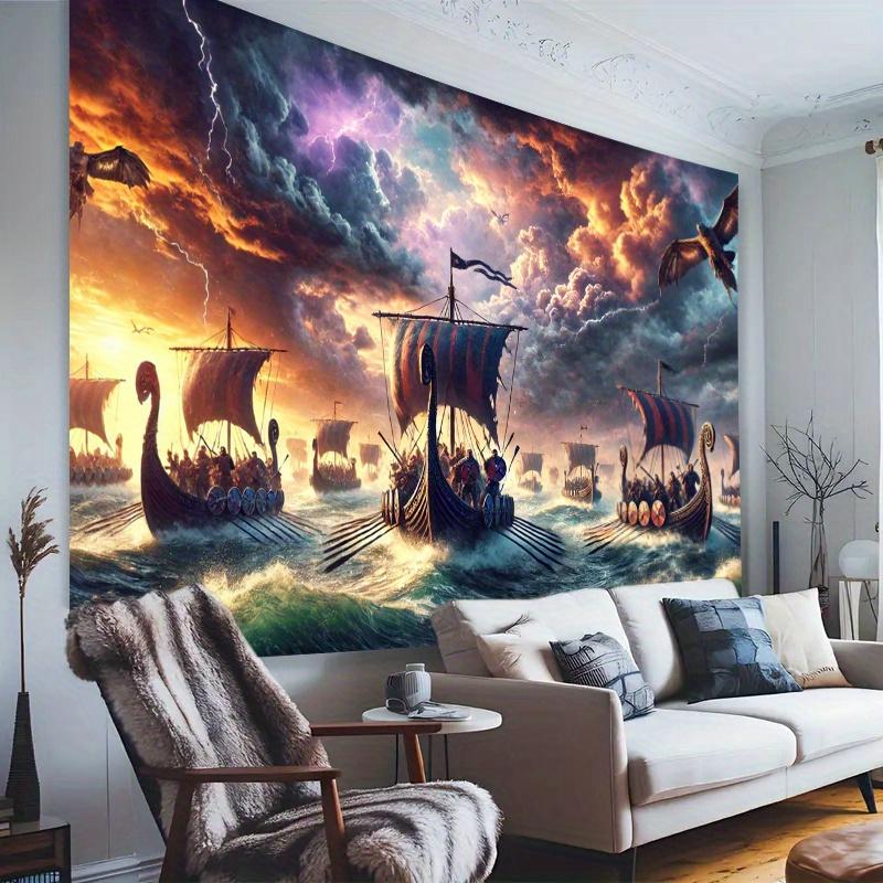 Viking Ship Tapestry, Warriors Sailing In Stormy Sea with Lightning, Epic Norse Battle Scene Wall Art for Home Dorm Decor