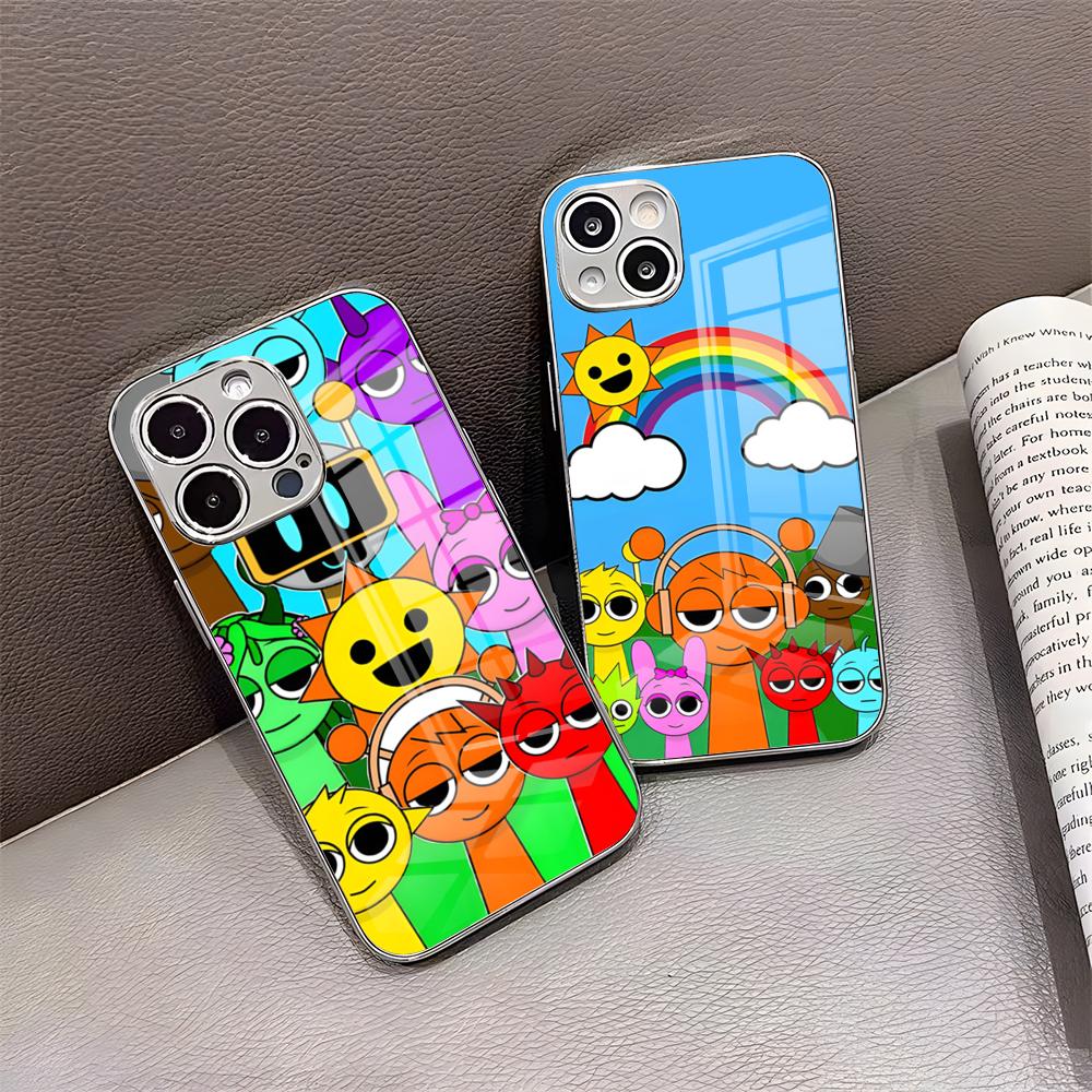 Kreslený herný obal Sprunki na telefón pre iPhone 17 Pro Max 15 Pro 16 14 Plus 12 13 Mini 11 Pro Nárazuvzdorný galvanicky pokovovaný sklenený kryt