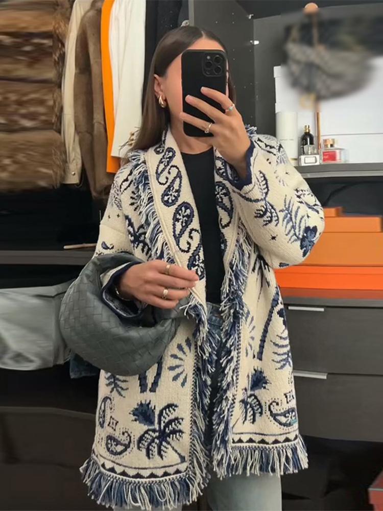 

Женский кардиган с кисточками и V-образным вырезом, женский свитер в этническом стиле, женская теплая вязаная кофта с поясом, осень и зима L