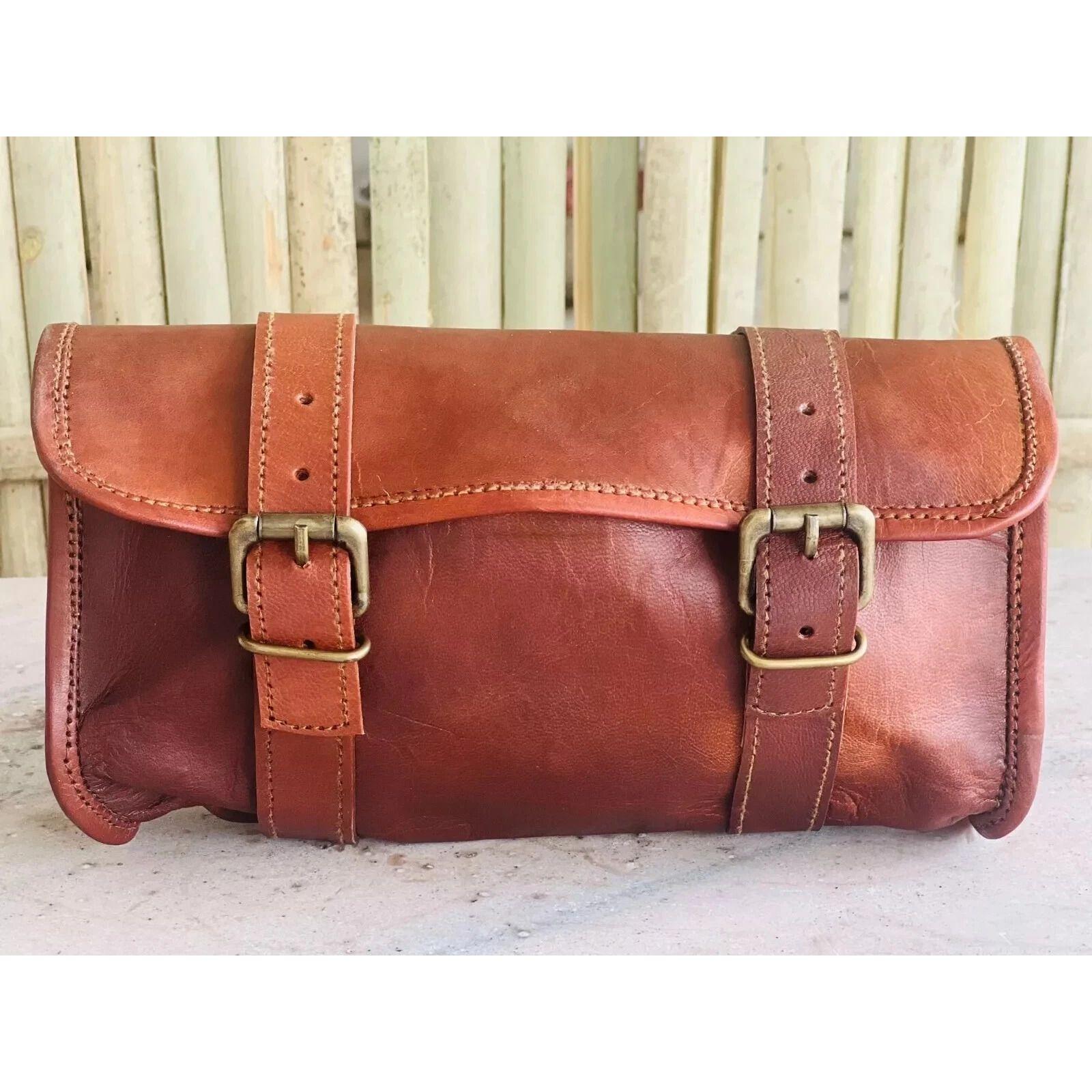 

Tool Bag Motorcycle Leather Roll Goat Strap Buckle Closure Pouch Genuine Brown 9 x 5 x 4 in