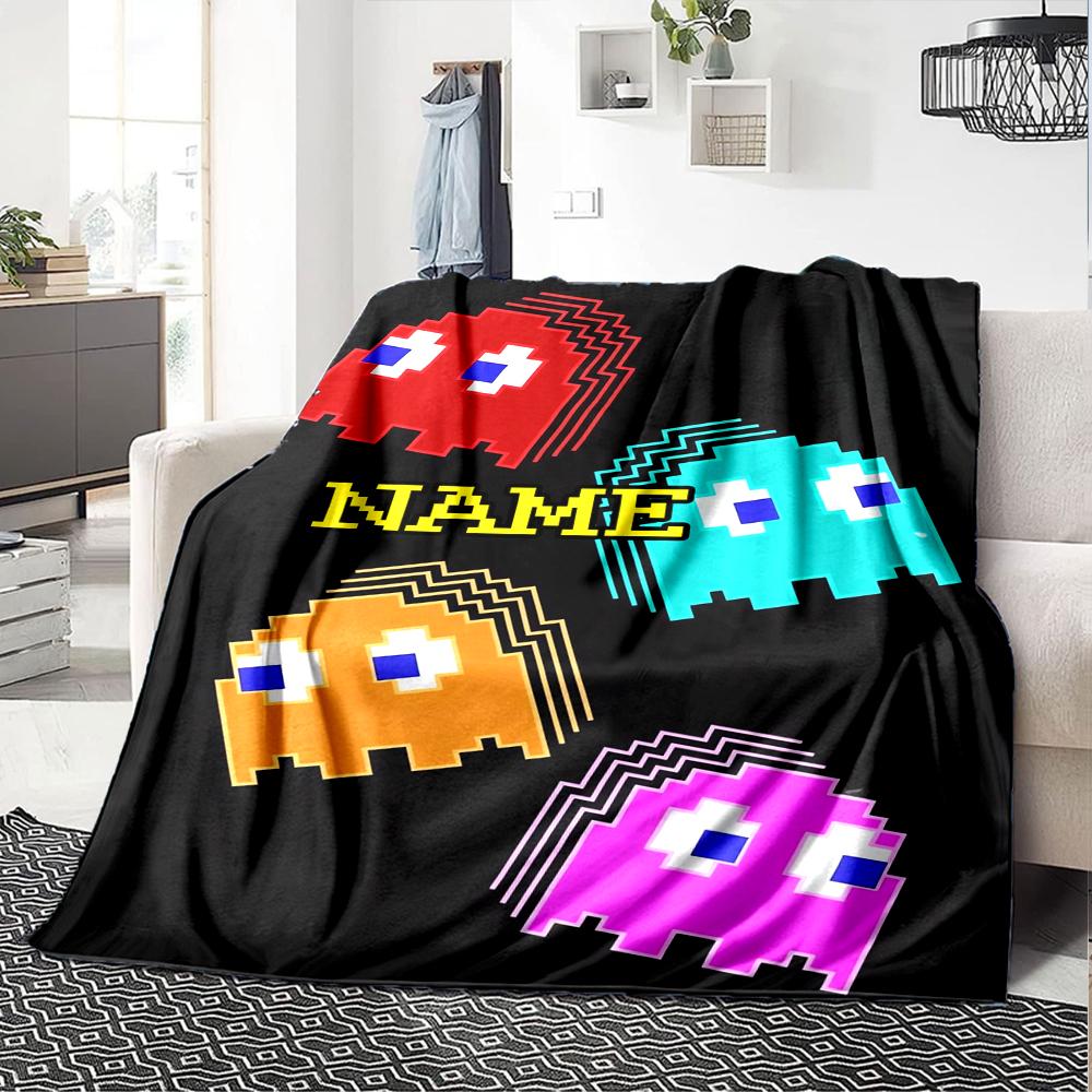 Custom Name Pac-Man Theme Printed Blanket - Perfect for Couch, Bed, Travel & Outdoor Use | Machine Washable, Cozy & Durable.