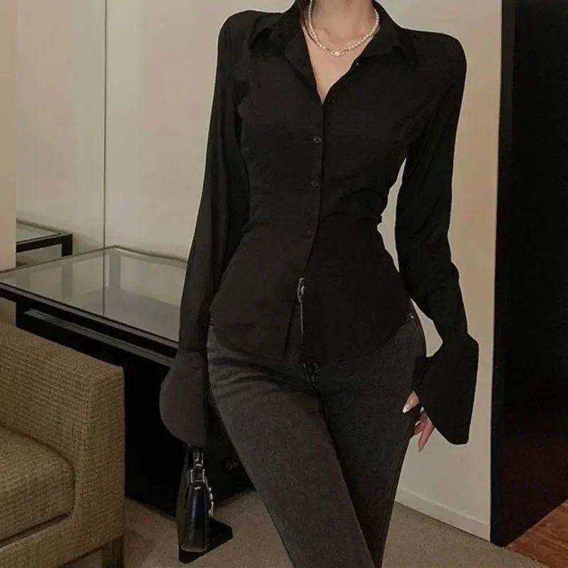 

Lace up Flared Sleeve Waist Cinching Shirt Tie-Neck Flared Sleeves Waist-Tight Shirt black S