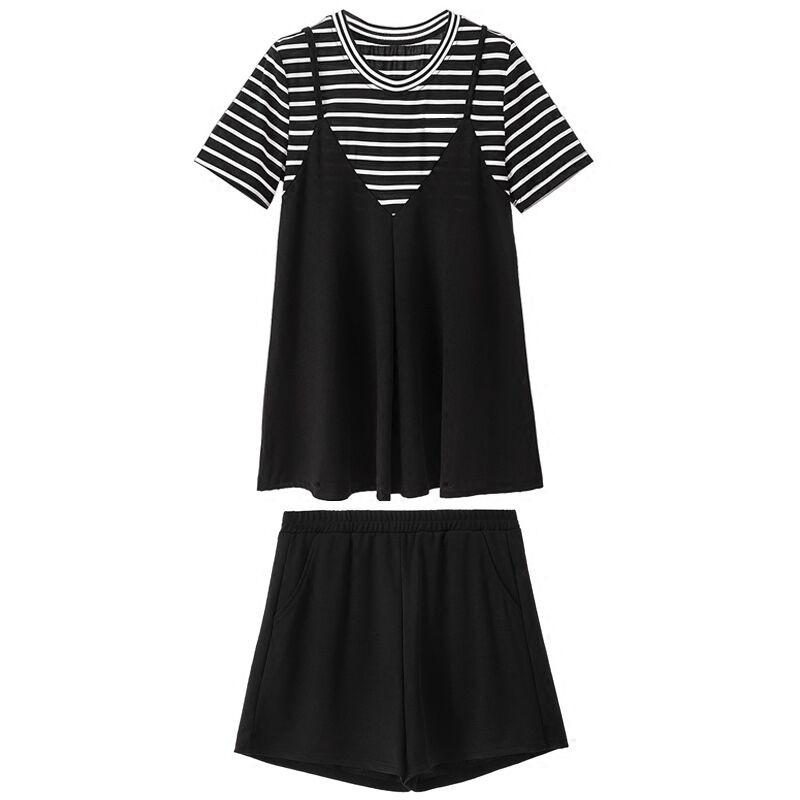 Summer Trend Striped T Short-sleeved Plus Size Women's Fat Mm Belly-covering Fashion Loose Shorts Two-piece Set