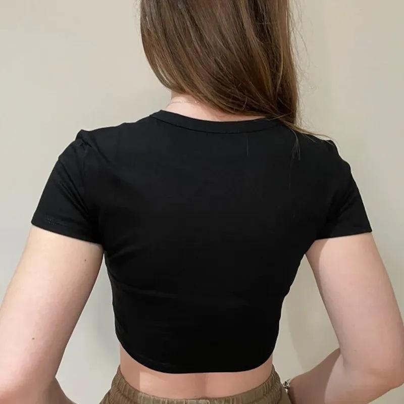 Y2K Summer Letter Print Krátké tričko s otevřeným pupkem a kulatým výstřihem