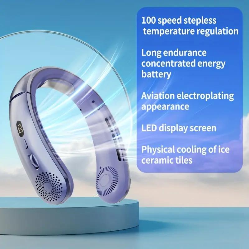 

2024 Новый портативный шейный вентилятор с 100-скоростным регулируемым безлопастным шейным вентилятором с цифровым дисплеем и электрическим воздушным охладителем с зарядкой Type-C синий