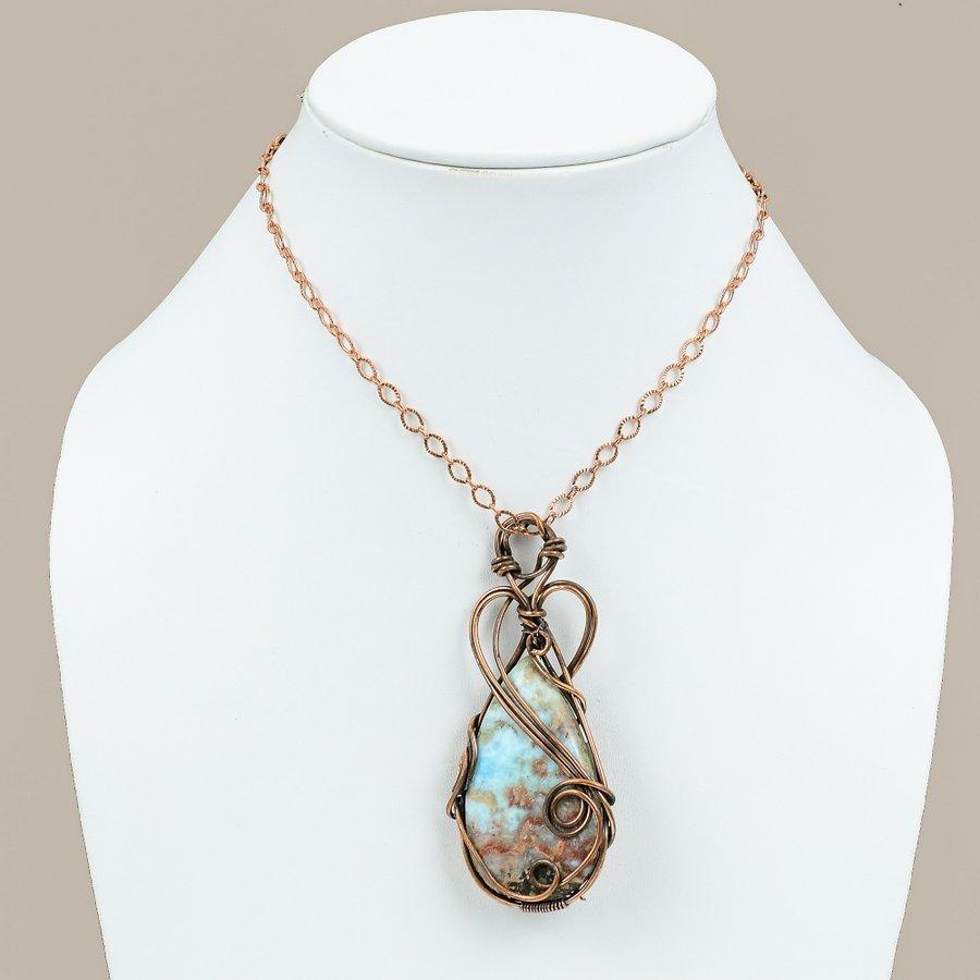 Caribbean Larimar Handmade Copper Wire Wrap Jewelry Pendant 1.89" t1a92