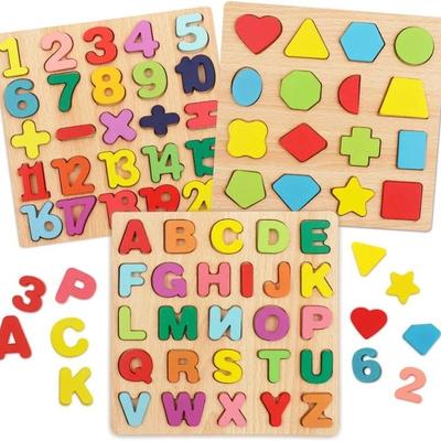 Wooden Puzzles for Toddlers 1-3 Baby Learning Travel Game with Numbers Alphabet Shapes Wood Educational Gift for Kids Boys Girls