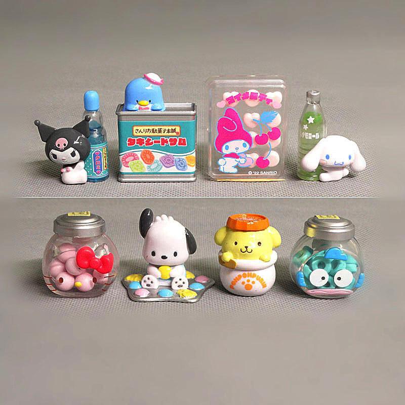

8pcs Kawaii Candy Shop Cinnamoroll Kuromi Hangyodon PomPomPurin Action Figure Doll Toys Desktop Car Decor Collectible Gifts Poseable Articulated Scale