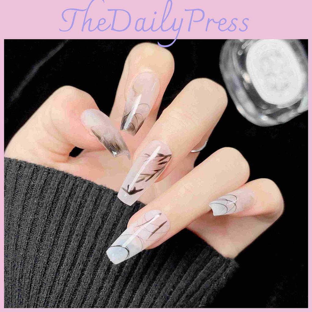 Original Chinese Style Ink Mountain And Water Nail Sticker Hand-painted Artwork False Nails For Women
