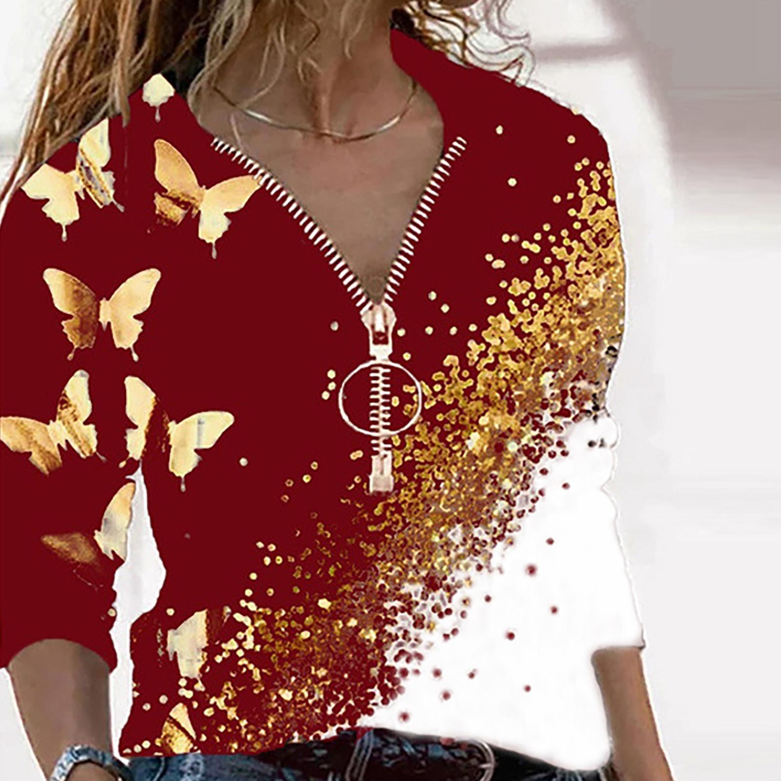 

Women s Fashion And Winter V-Neck Zipper Butterfly Print Long-Sleeved Tops XXXXXL винний