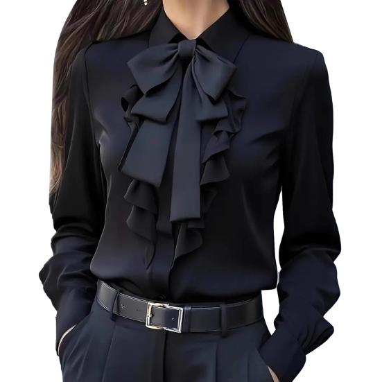 

Осенняя женская рубашка с лацканами, бантом и оборками, с длинным рукавом, топы, застежка на пуговицы, универсальная посадка, рубашка для повседневной носки S чёрный