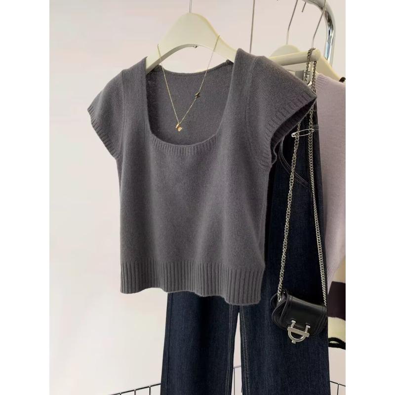 Spring and summer new square neck thin knitted sweater top women's fashion solid color gentle temperament simple bottom T-shirt