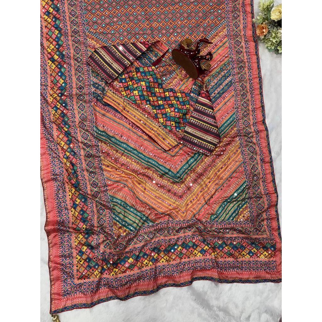 Premium Soft Chinon Printed Mirror Work Saree