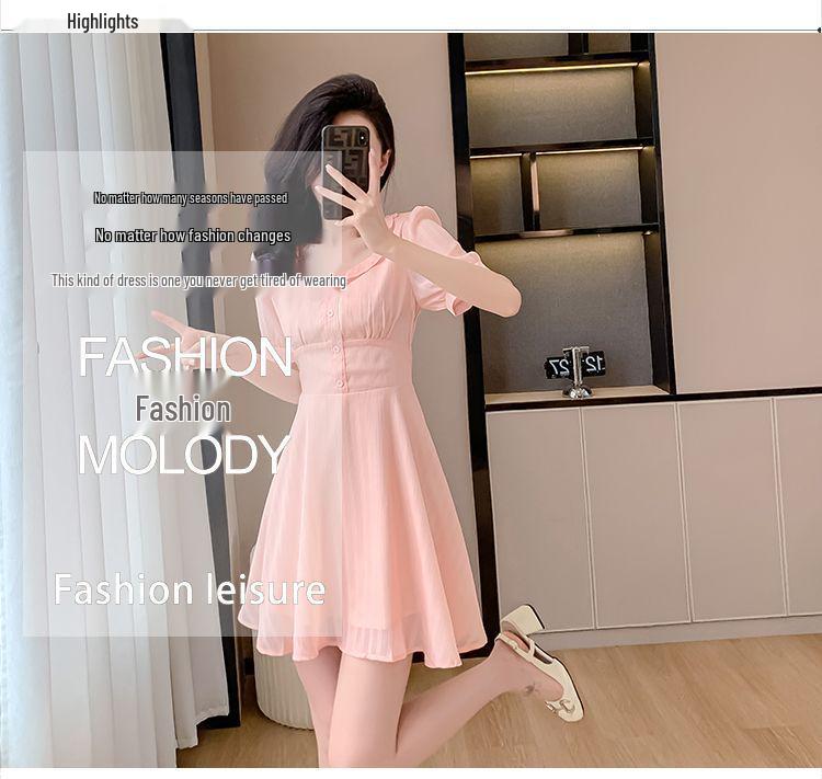 Elegant High-Waisted Pink Chiffon Summer Dress - Youthful and Slimming