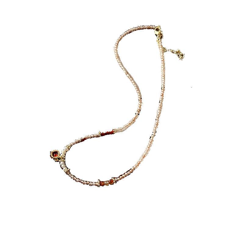 Freshwater Pearl Pink Zircon Beaded Necklace Accessories Niche Temperament Fashion Red Square Pendant Collarbone Neck Chain