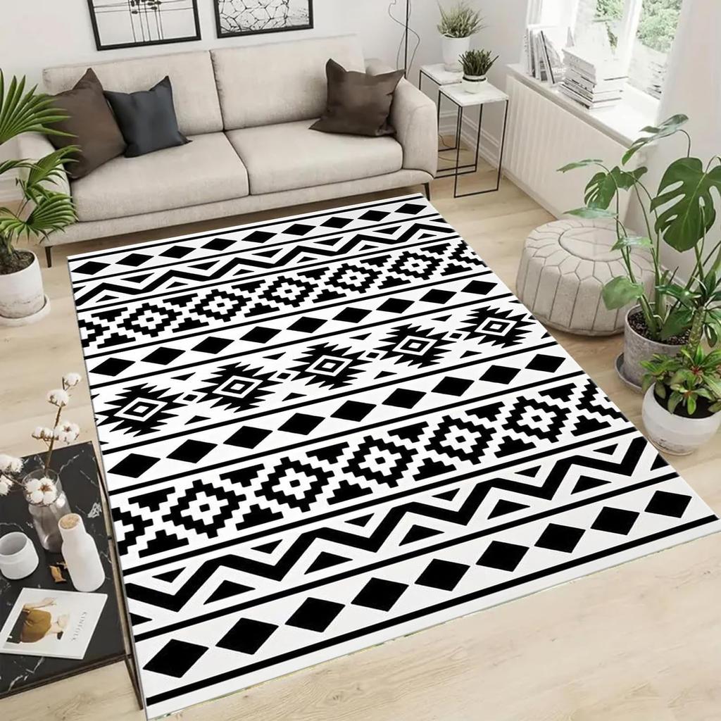 Moroccan Black and White Area Rug Moroccan Farmhouse Area Rug Soft Non-Skid Machine Washable Living Room Carpet