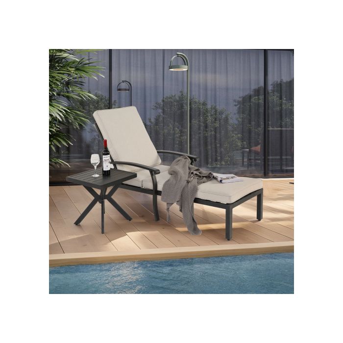 Chaise longue de jardin avec coussin en coton, chaise longue de piscine en aluminium antirouille,coussin beige imperméable (1 pièce)