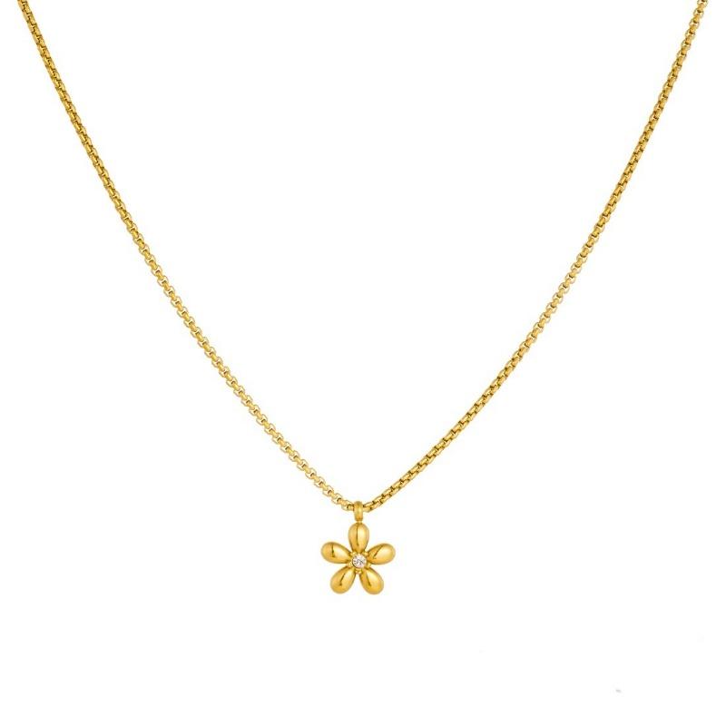 Gold Flower Jewelry Set with Crystal Center Necklace and Bracelet for Women