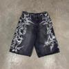 Retro Gothic Halloween Geometry Graffiti Print Denim Shorts Men Women Y2k Low Waist Baggy Knee Length Jeans Jorts Short