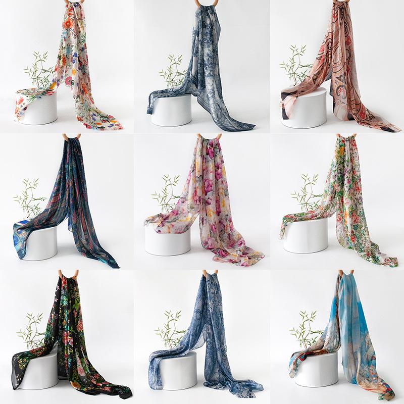 Summer Mulberry Silk Scarf Long High-end Silk Scarf Mother Style Blue Architectural Print Thin Gauze Scarf for Women