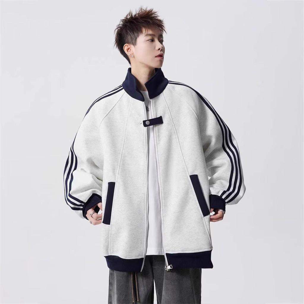 Unisex American Color Block Striped Hoodie, Heavyweight Baseball Jacket-Style Cardigan for Spring/Autumn