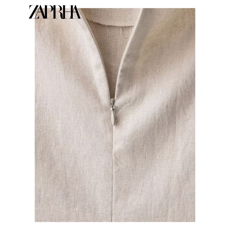 Zaprha 2025 New Arrival Linen Blend Buckle Decoration Midi Skirt Sleeveless Dress Waist Slim Looking 3721939