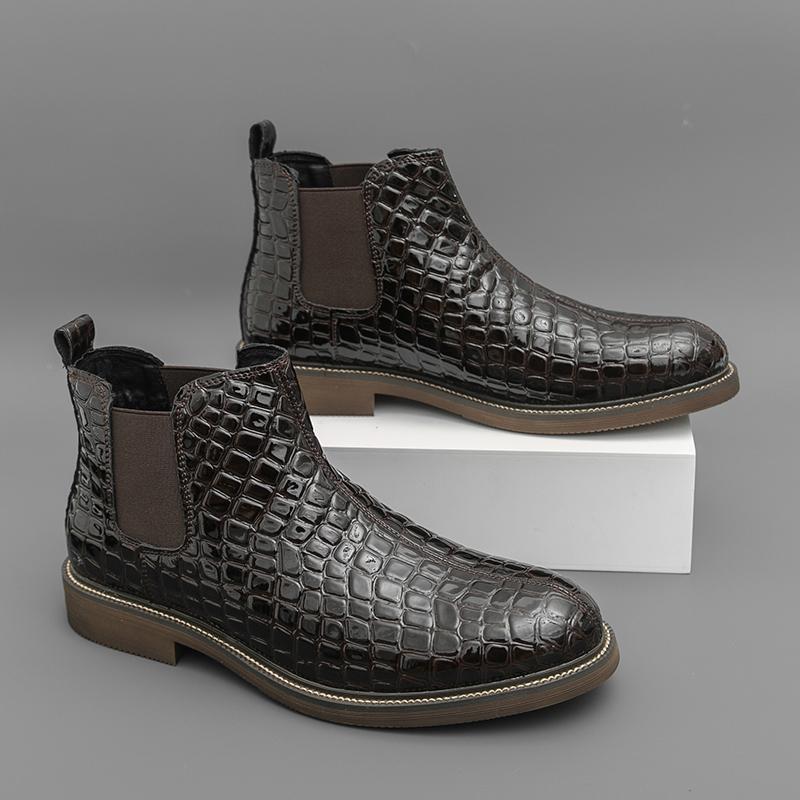 Men's Formal Chelsea Boots Woven Design Leather Ankle Boots Business Casual Dress Shoes for Autumn Winter Slip On High Top