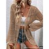 Women V Neck Long Sleeve Hollow Out Knit Cardigan Sun Protection Beach Cover Up Outerwear