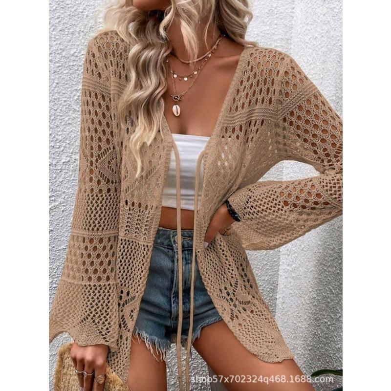 Women V Neck Long Sleeve Hollow Out Knit Cardigan Sun Protection Beach Cover Up Outerwear