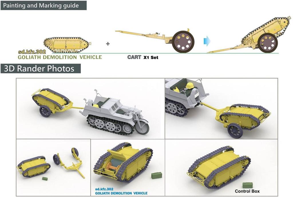 Freedom Modellbausatz 1/16 Maßstab Deutscher Sd.Kfz.302 Goliath Leichter Sprengstoff-Transportwagen und Anhänger-Set, Plastikmodellbausatz FRE16003, Farbig gegossen