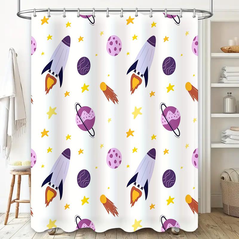 Space-themed shower curtain with rockets and planets bathroom decor for kids (60x72 inches)