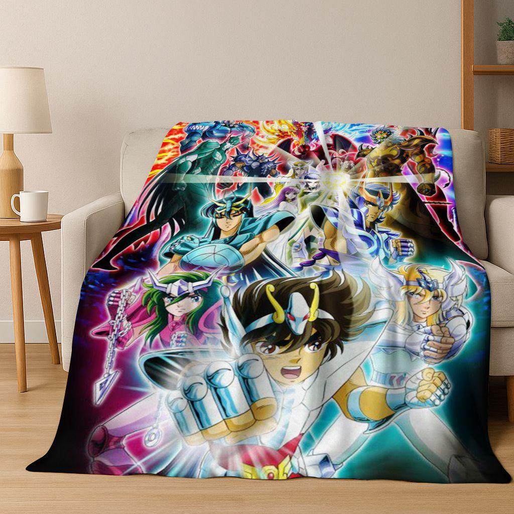 Retro Anime Saint Seiya Gold Saint Cartoon Flannel Blanket,Cozy Soft Throw Blanket for Home Bedroom Bed Sofa Picnic Cover Kids