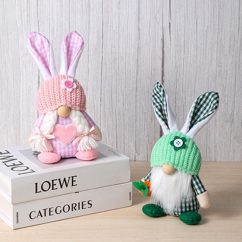 Chaoya Easter Fabric Faceless Bunny Couple Dolls Knitted Hat Decoration Figurines