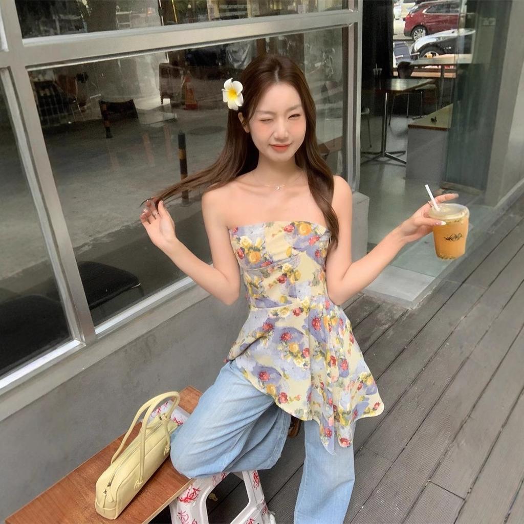 Fresh and sweet summer strapless floral design strapless camisole for women, irregular hem waist-cinching top