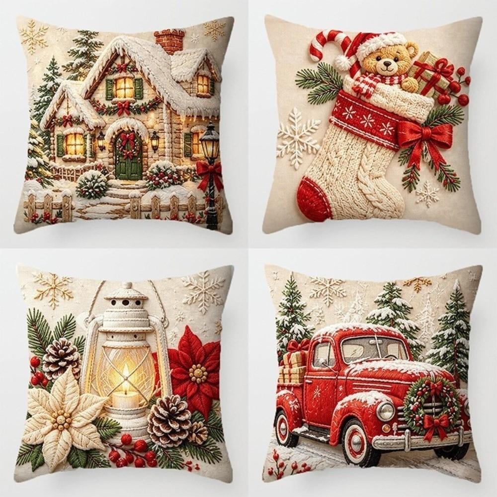4PCS Tree Flower Christmas Pillow Covers New Year Snowman Pillow Cover Throw Cushion Case Home