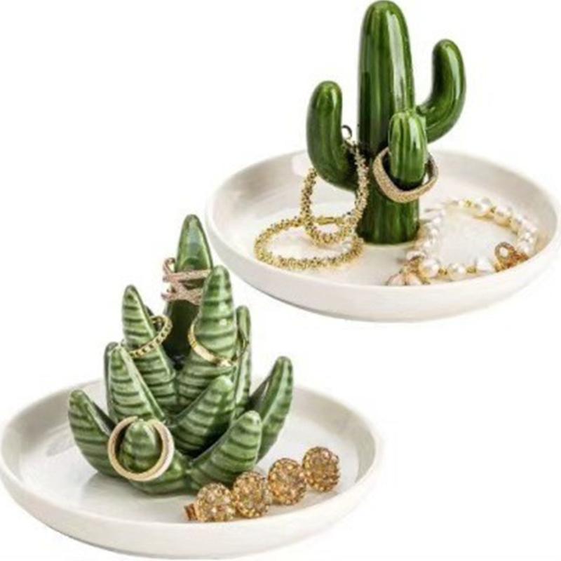 Ceramic Aloe Cactus Rings Holder Trinkets Tray Earrings Necklace Jewelry Organizers Christmas Birthday Gift for Women
