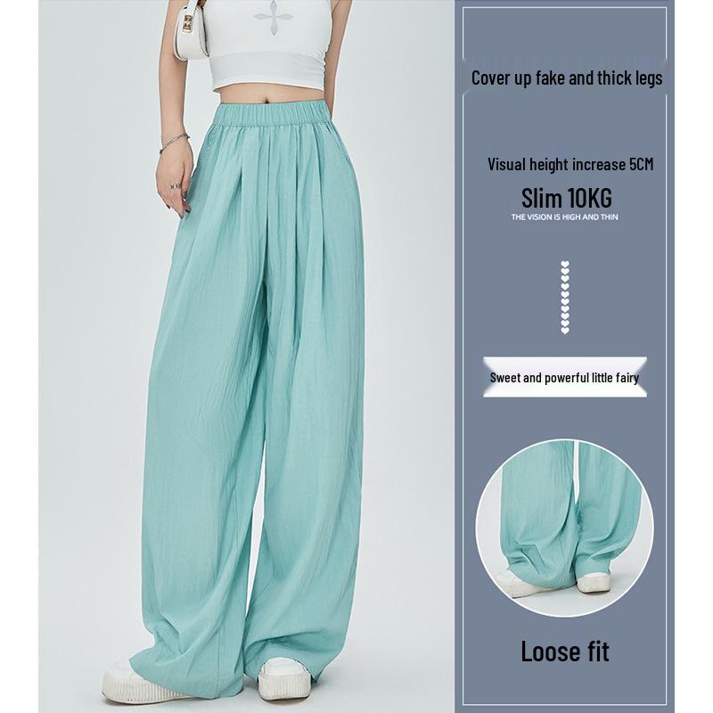 Women's Summer Blue Wide-Leg Ice Silk Pants - Casual Pleated Zen Style