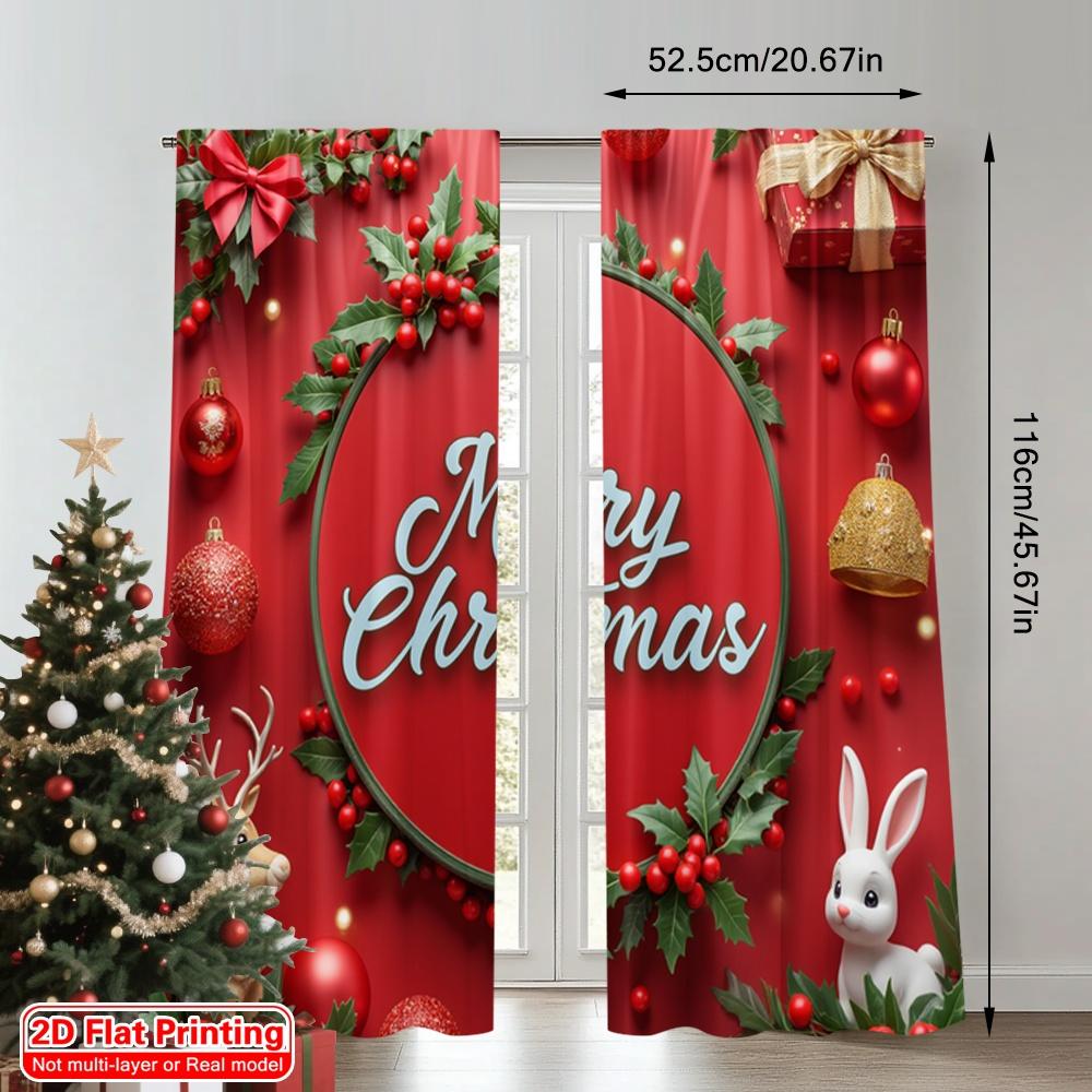 2pcs 2D Flat Printing Christmas Drapes Merry Christmas Holiday Scene 100% Polyester Fabric Without Electricity 0 Use for