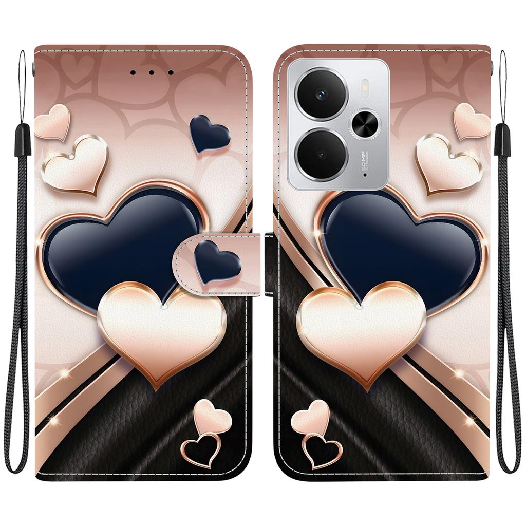 Ręcznie robione etui z klapką z PU skóry dla Realme 14, antypoślizgowe, wstrząsoodporne etui z paskiem na nadgarstek i wzorami serca/róży/kota