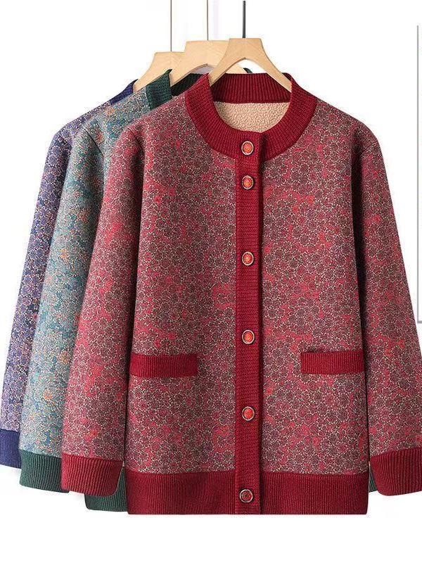 Fleece-Lined Printed Cardigan: Warm Autumn/Winter Style for Middle-Aged & Elderly Women