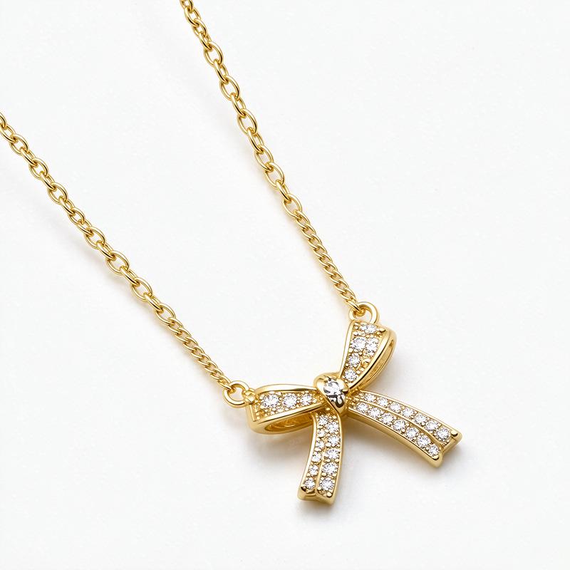 18K Gold Zircon Copper Bow Necklace with Full Diamond Clavicle Chain