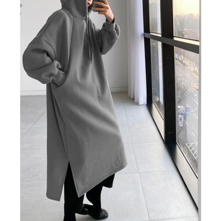 Felpa con cappuccio oversize ispessita da donna alla moda, abito lungo a maniche lunghe a tinta unita, abbigliamento autunno-inverno