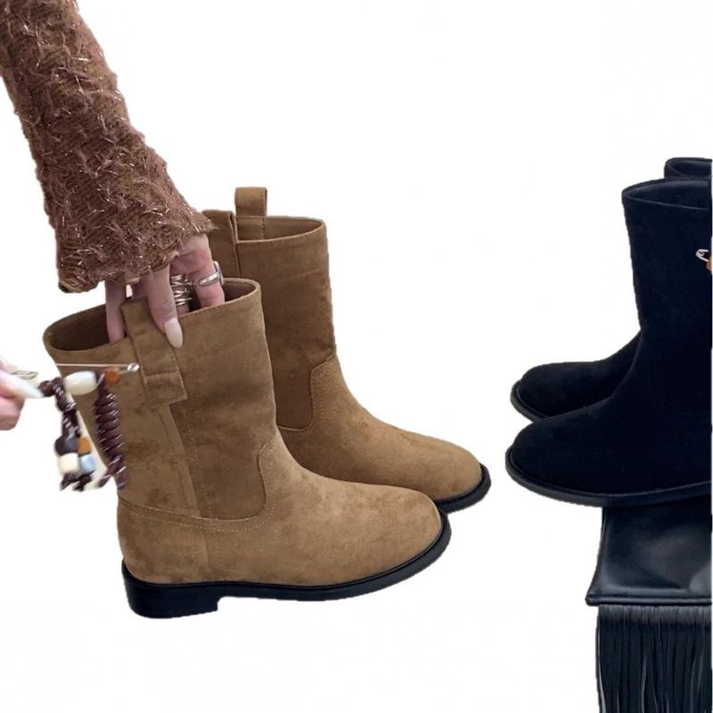 French khaki suede fringed Martin boots for women 2025 new Korean version thick heel round head small short boots for women